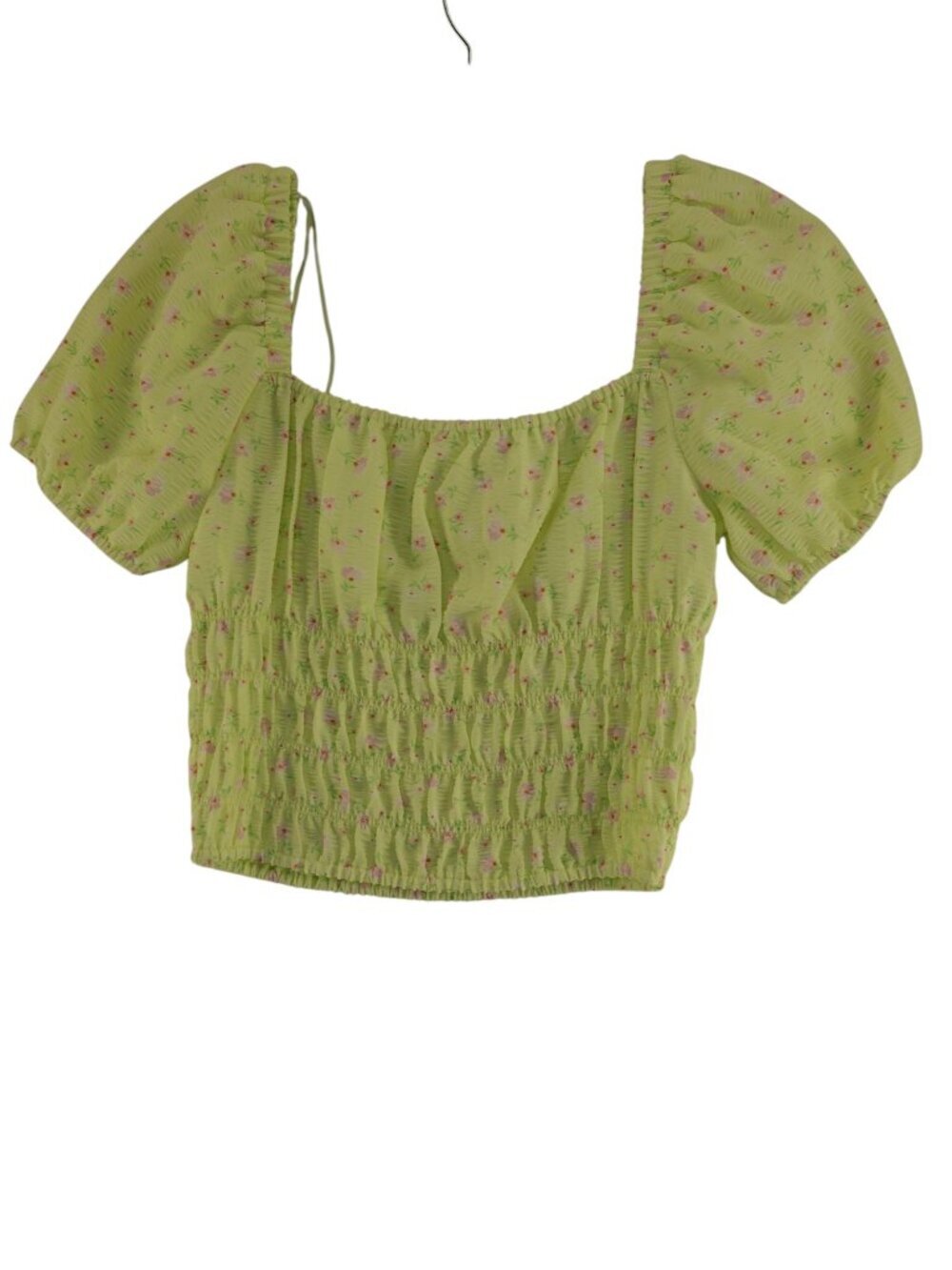 Elodie lime green floral smocked crop top with puffed sleeves and a square neck